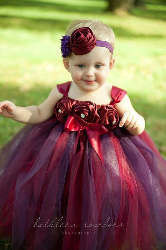 Burgundy Tutu Dress, Plum Tulle Tutu Dress, Satin Flowers, Headband