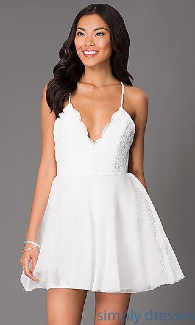 Lux-ld1403 - Short Fit-and-flare Scalloped Lace V-neck Dress #2791350 