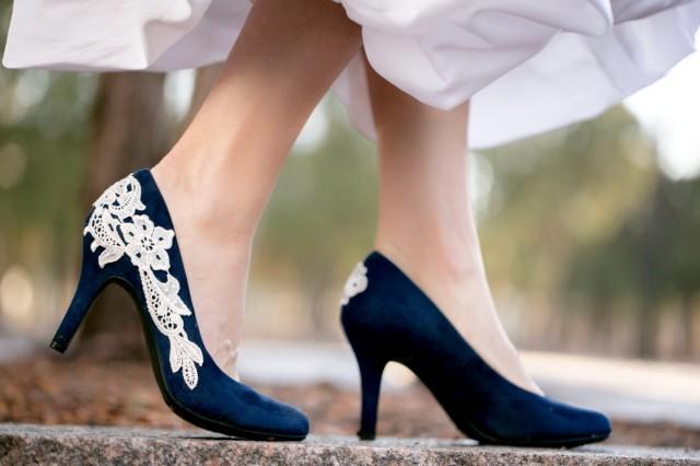 Navy Wedding Bridal Shoes, Low Wedding Heels, Blue Pumps, Low Heels, Bridal Heels,Something Blue,Navy Blue Heels With Ivory Lace #2793513 - Weddbook