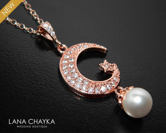 Rose Gold Moon Star Necklace, Crescent 