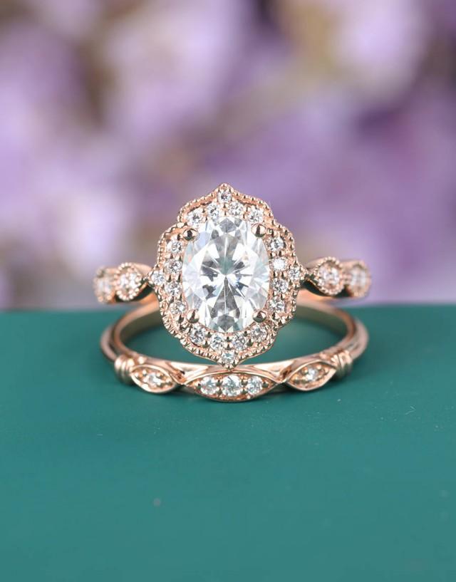 Vintage Engagement Ring Rose Gold Antique Art Deco Moissanite Oval Milgrain Set Diamond Wedding 2517