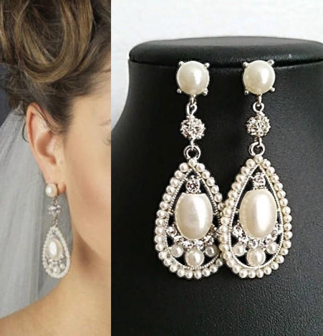 Bridal Drop Earrings Pearl Wedding Crystal Earrings Silver Rhinestone