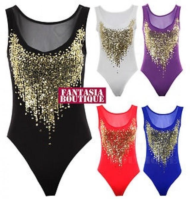 Ladies Sheer Gold Sequin Mesh Insert Low Back Leotard Womens Bodysuit Top 2811728 Weddbook 0731