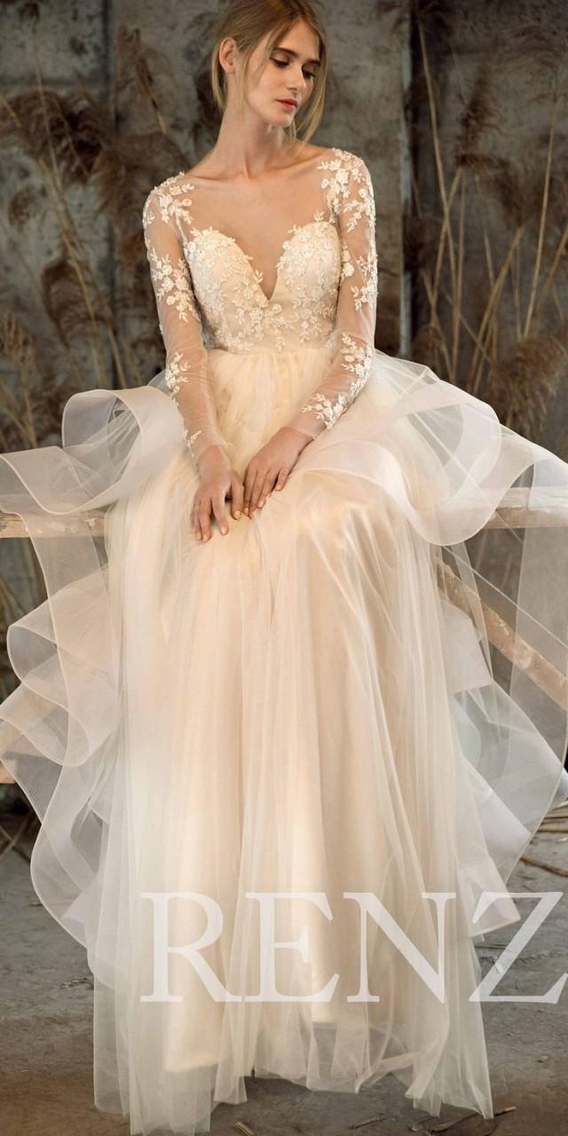 Wedding Dress Off White Tulle Dress Long Sleeve Lace Bride Dress Sweetheart Lace Maxi Bridal