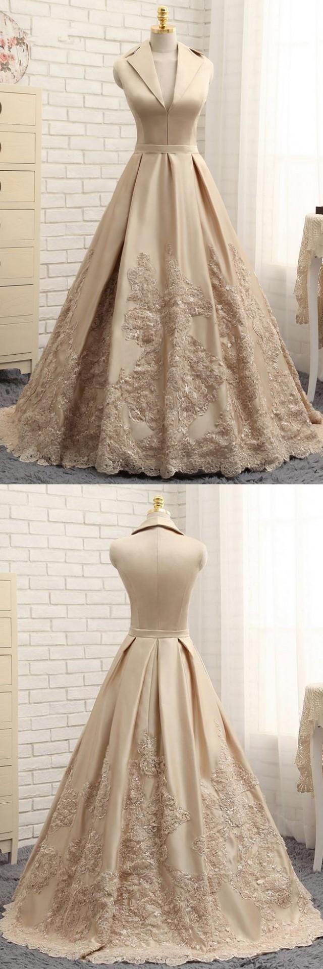 A Line V Neck Cap Sleeves Satin Appliques Lace Prom Gown Long Formal