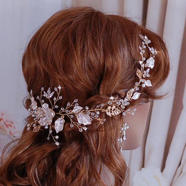 Rose Blush Champagne Gold Bridal Vine Headpiece Hair Wreath Hairpiece