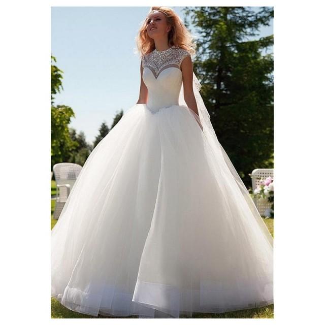 Glamorous Satin And Tulle Jewel Neckline Ball Gown Wedding Dress With Beadings And Rhinestones 0848