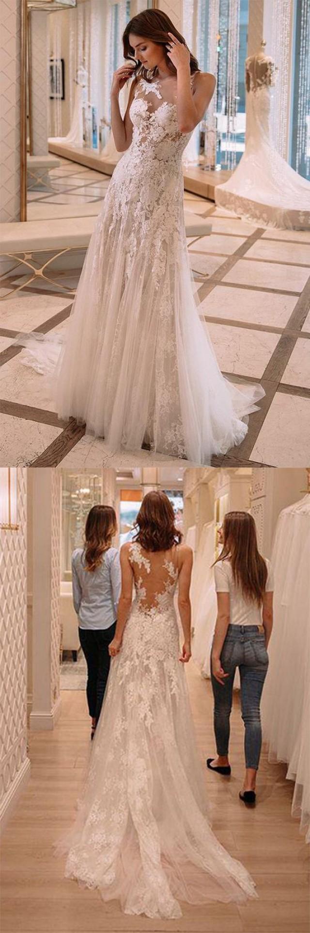 A Line Bateau Sweep Train Tulle Sheer Back Wedding Dress With Lace Appliques Ok828 2817770 