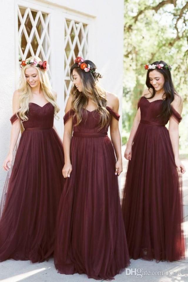 Burgundy Off Shoulder Country Bohemian Long Bridesmaid Dresses
