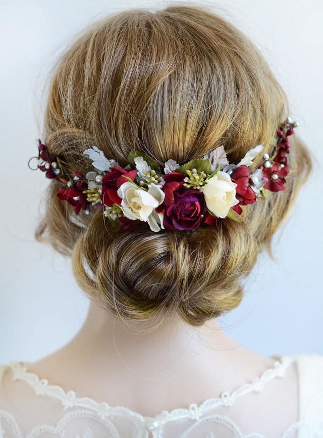 Burgundy Headpiece, Floral Hair Piece, Burgundy And Silver Hair Clip