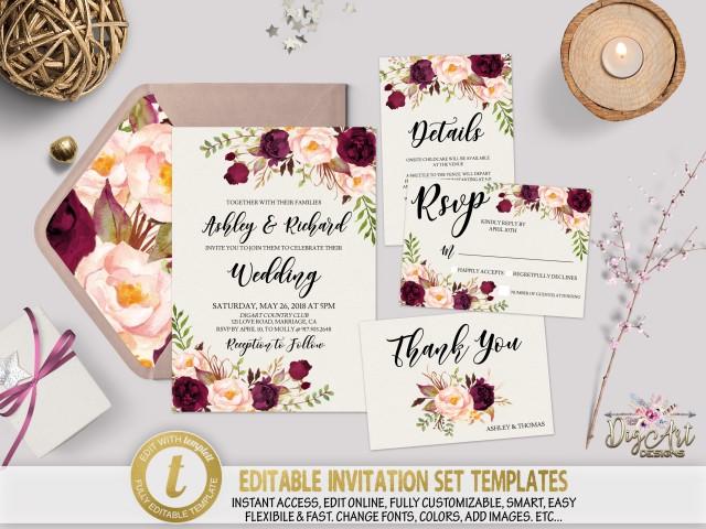 Printable Floral Wedding Invitation Template Set Editable Marsala Boho Wedding Invite Burgundy Wedding Template Instant Download Templett 2822984 Weddbook