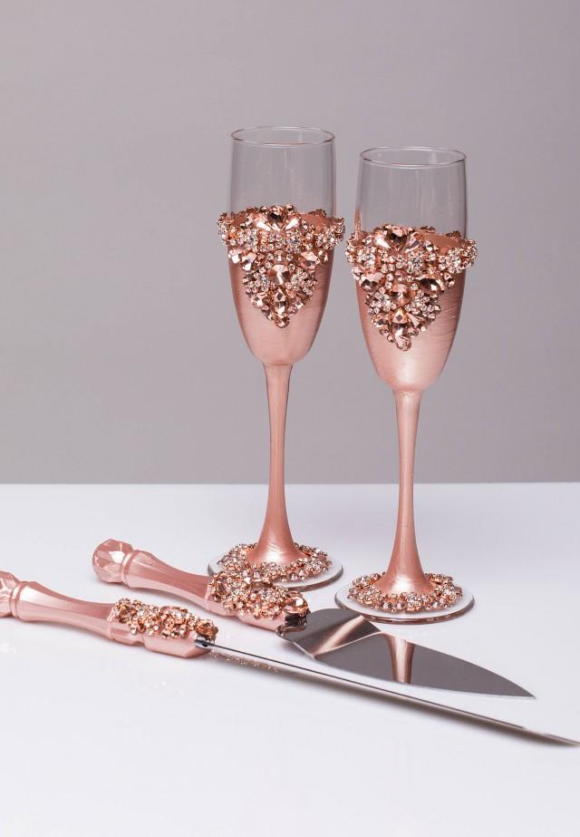 ROSE GOLD Wedding Glasses And Cake Server Set Cake Knife Rose Gold