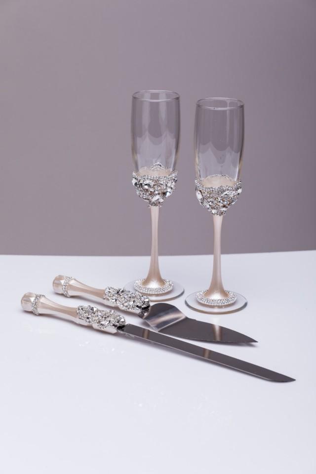 Wedding SILVER Glasses And Cake Server Set Cake Knife Silver Bride And ...