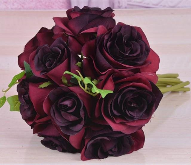 Burgundy Flower Bouquet Silk Rose Flower Dark Red Bouquet Burgundy