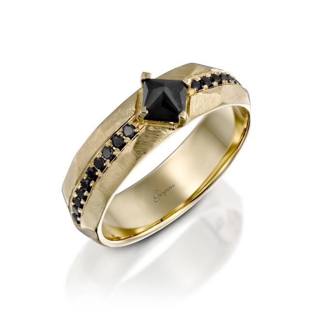 Mens Yellow Gold Wedding Band Antique Ring Black Diamond Mens Yellow Gold Wedding Band Antique