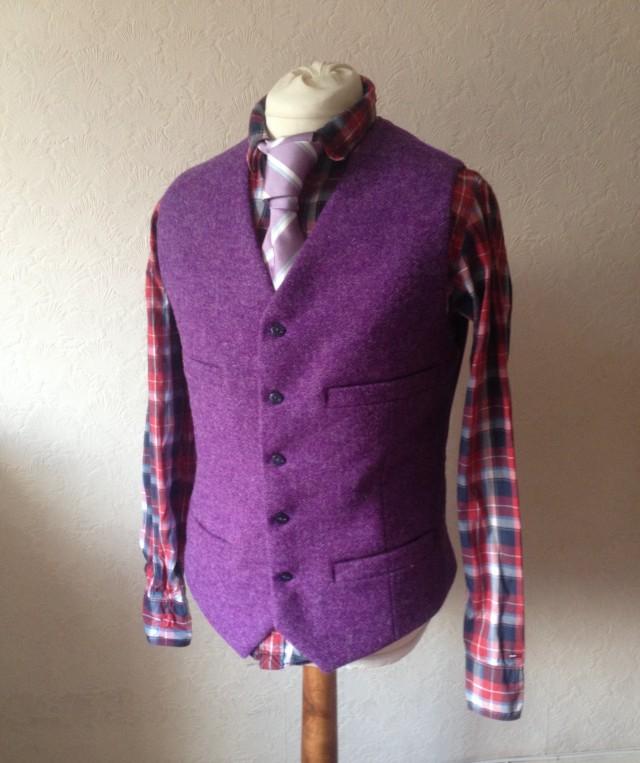 Handmade Purple Waistcoat Harris Tweed Waistcoat Wool Wedding Vest Groomsman Vest Best MEN