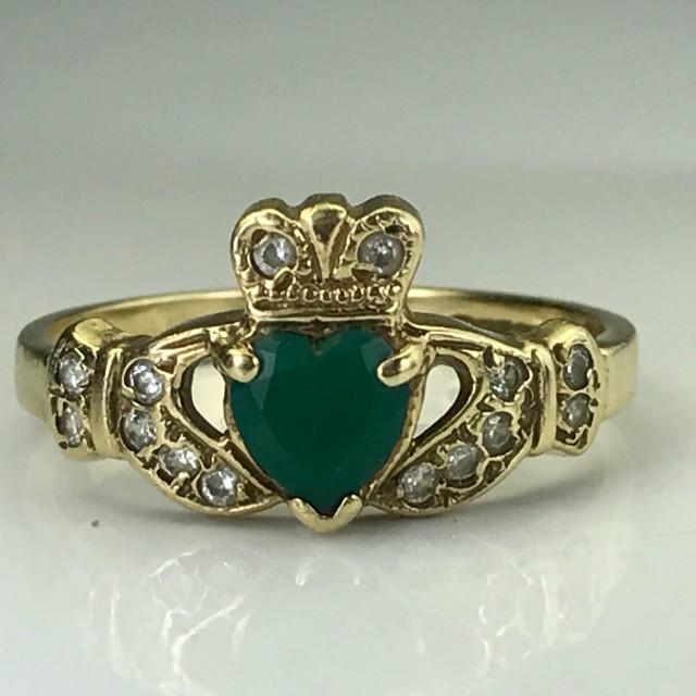 Vintage Emerald Claddagh Ring. Diamond Accents. 9K Gold. Unique Estate