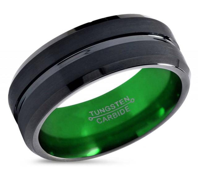 Mens Wedding Band Black, Green Wedding Ring, Tungsten Ring