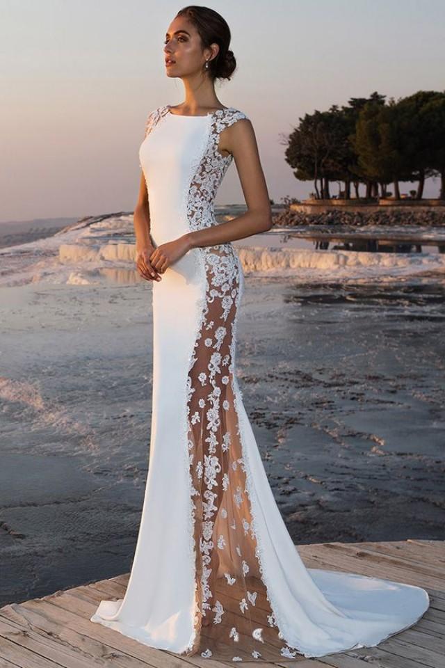 Fabulous Stretch Chiffon Bateau Neckline See Through Mermaid Wedding Dress With Beaded Lace 