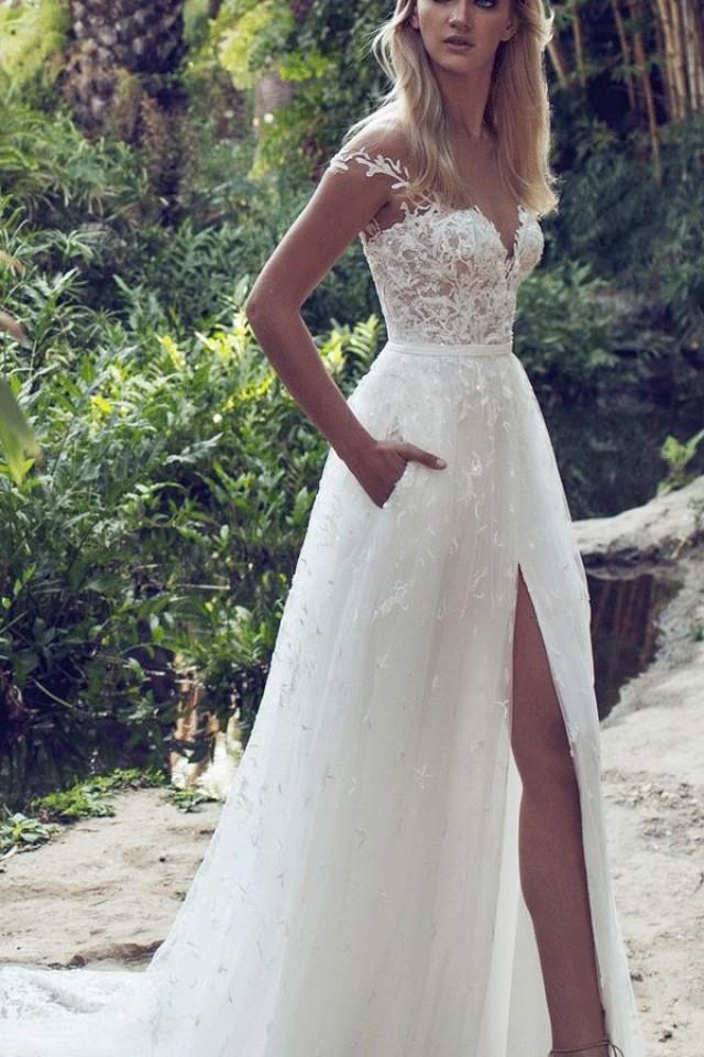 Lace Boho Off The Shoulder Cap Sleeves Long Country Slit Wedding Gown Beach Wedding Dress Wf01