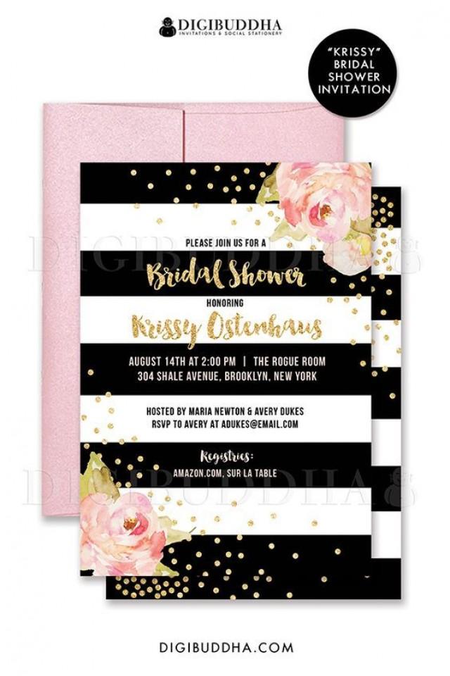 Black White Bridal Shower Invitation Pink Peonies Black Stripes Gold