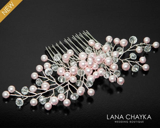 Blush Pink Pearl Hair Comb, Bridal Pearl Crystal Hair Piece, Swarovski