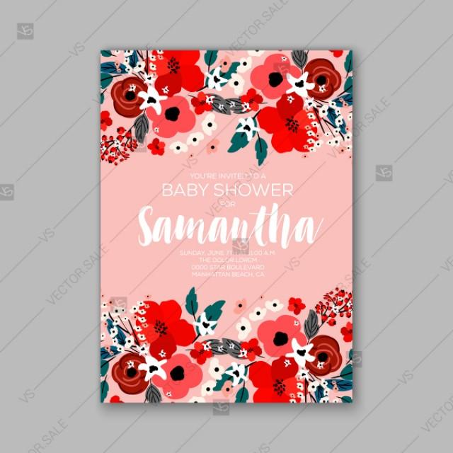 Floral Red Poppy Baby Shower Invitations Christening Vector Template