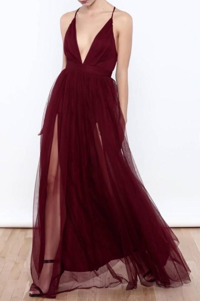 Enticing Long Prom Dress Sexy Deep V Neck Tulle High Slit Burgundy Prom Dresses Evening Dresses 8221