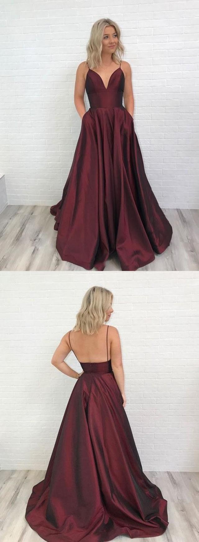 Spaghetti Straps V Neck Long Satin Burgundy Prom Dresses For Formal Evening Dresses Y9743