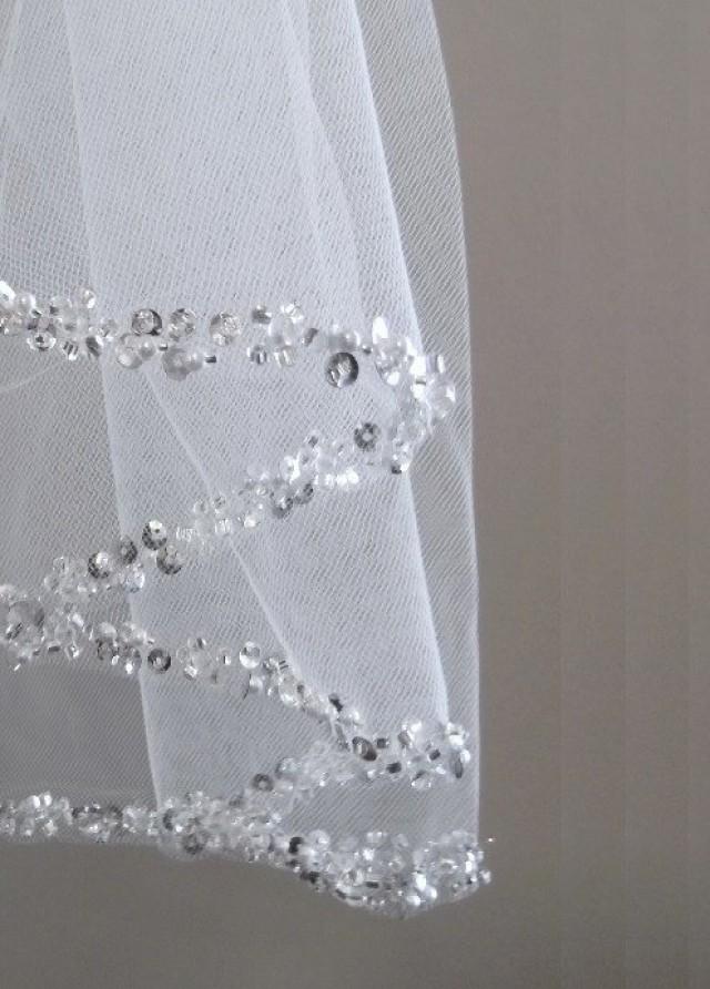 Pearl And Rhinestone Beaded Edge Wedding Veil In Elbow, Fingertip