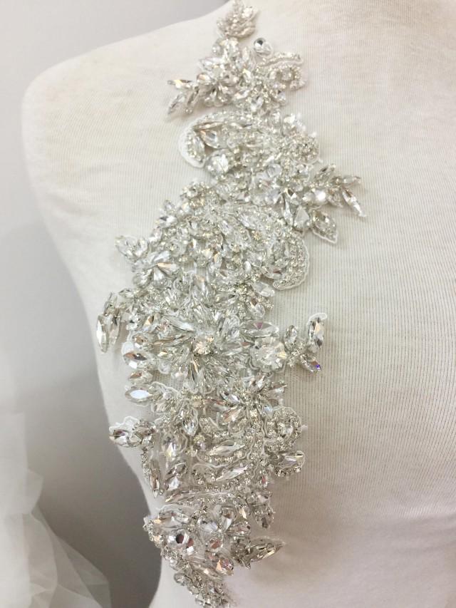 Full Crystal Rhinestone Beaded Applique Pair, Handmade Bridal Crystal