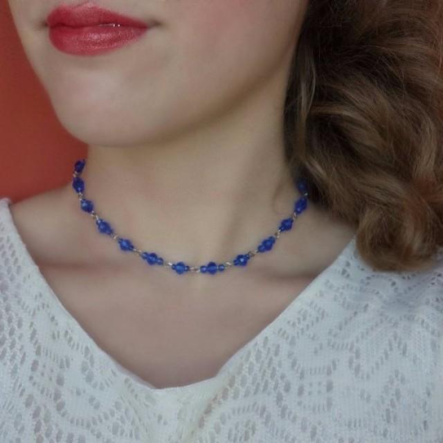 Blue Beaded Choker, Seed Bead Choker, Blue Choker, Blue Necklace, Rhinestone Choker, Blue Beaded ...