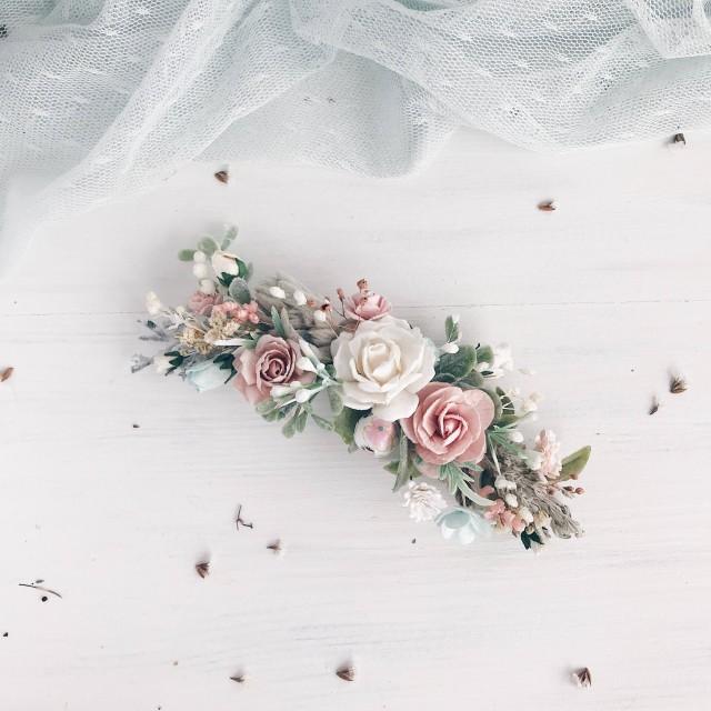 Flower Hair Piece, Blush Hair Clip, Turquoise Bridal Headpiece, Watercolors Flower Hair Piece