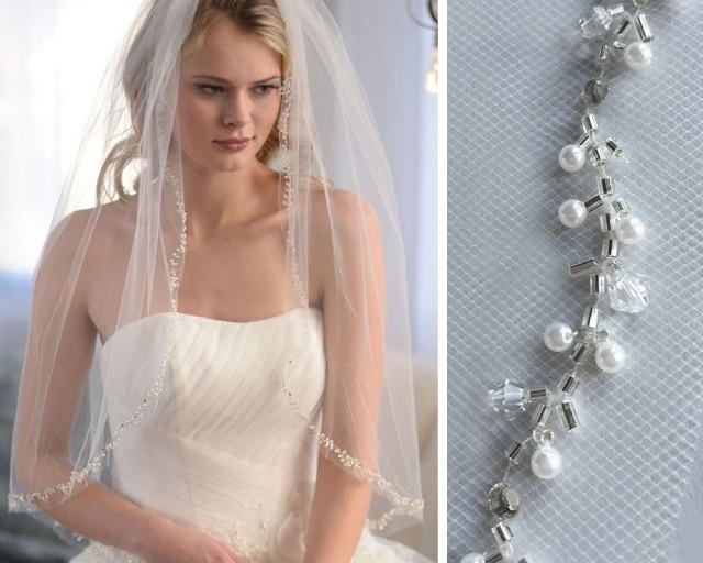 Beaded Pearl Wedding Veil, Pearl Bridal Veil, Beaded Veil, Tulle Veil