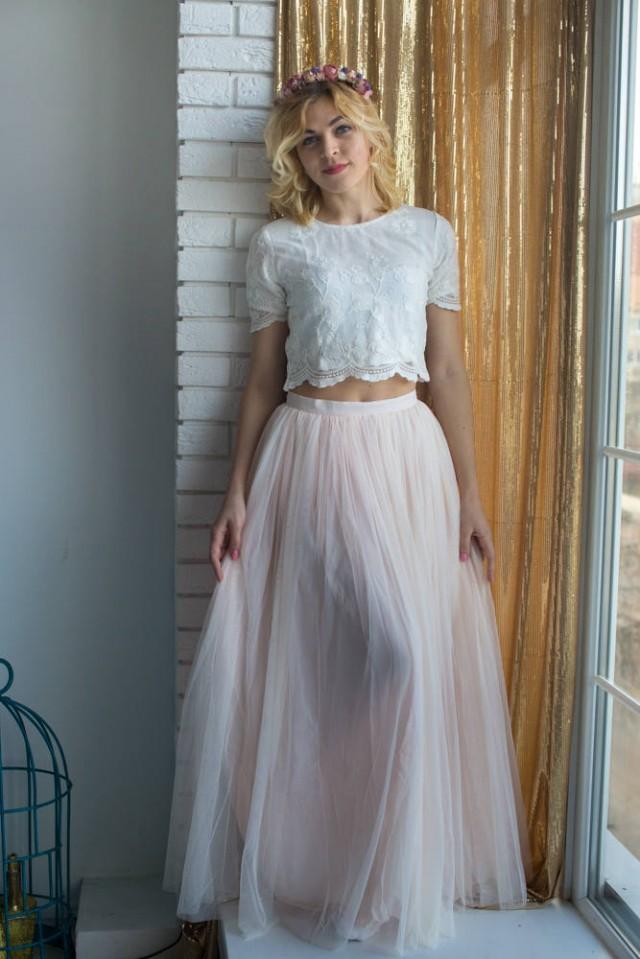 Bridesmaids Tulle Skirt Top Set Long Tulle Skirt Lace Crop Top Bridal Party Skirts Floor 6499