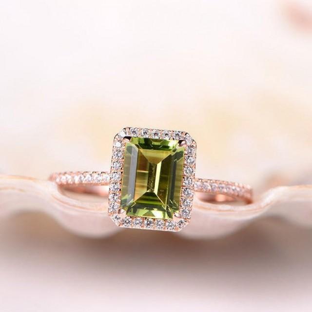 Peridot Ring Emerald Cut Peridot Engagement Ring 6x8mm Gemstone Ring