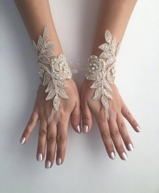 Champagne Bridal Glove Wedding Gloves, Lace Gloves, Ivory Bride Glove