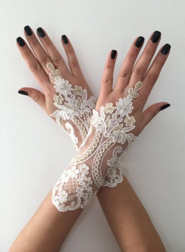 Ivory Gold Wedding Gloves, Bridal Gloves, Ivory Lace Gloves, Handmade