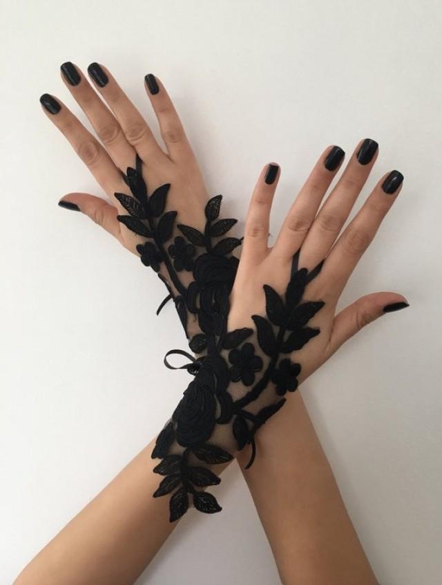 Black Lace Glove French Lace Bridal Gloves, Fingerless Gloves Black