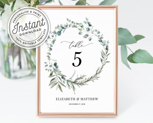 4x6 5x7 Editable Wedding Table Number Printable Download Table Number Template Eucalyptus Wedding Table Number Card