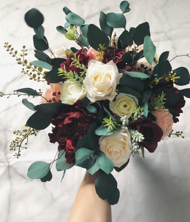 Wedding Bouquet Burgundy Red Peony Eucalyptus Wedding Maroon Package