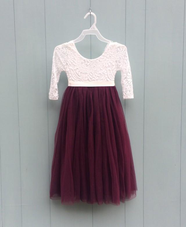 White Lace Infant Flower Girl Dress Maroon Wedding Dress Burgundy Tutu