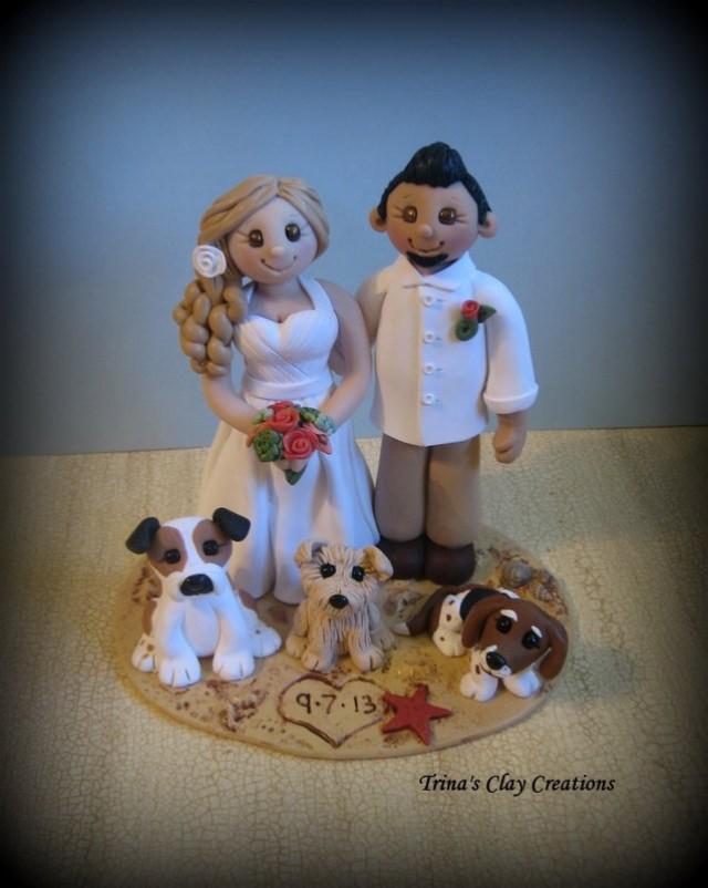 Wedding Cake Topper, Custom Cake Topper, Bride And Groom With Pets