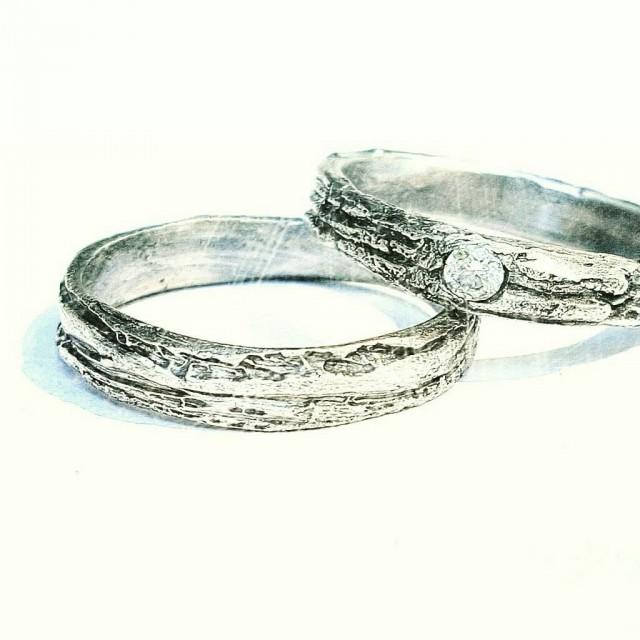 Diamond Engagement Ring. Nature Inspired Ring. Handmade Tree Bark Band