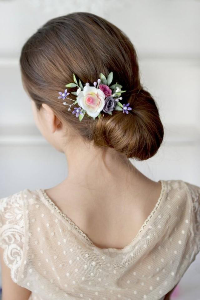 White Purple Flower Hair Clip Rose Head Piece Clip Bridal Floral