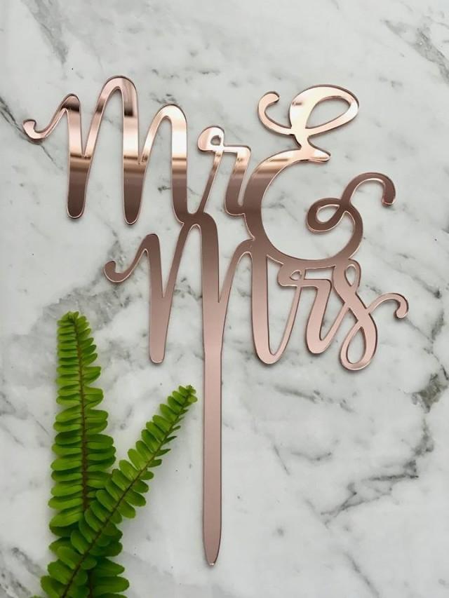 Acrylic Gold Mirror Wedding Cake Topper two lines Mr & Mrs 