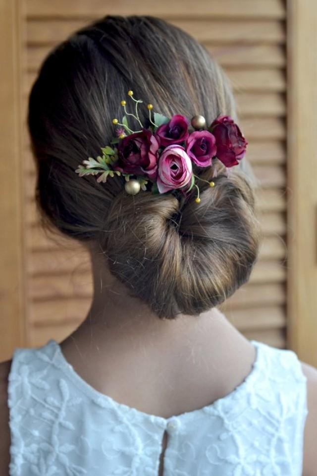 Burgundy Gold Floral Hair Clip Burgundy Flower Hair Piece Flowers Clip