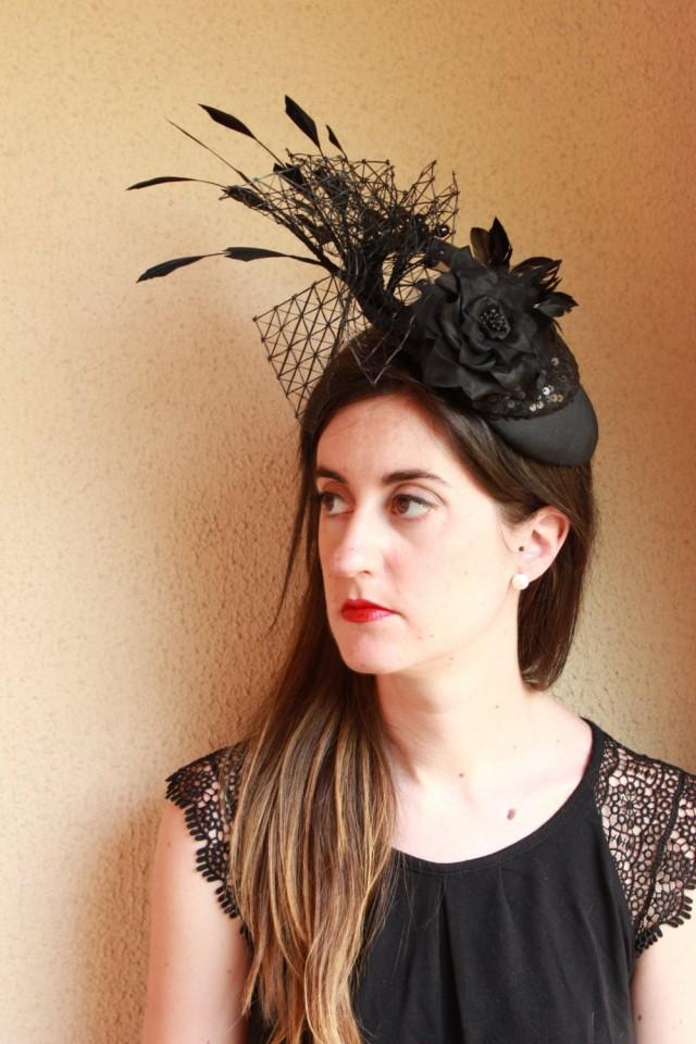 Black Fascinator Black Wedding Hat Black Flowers Feathers Hat Races