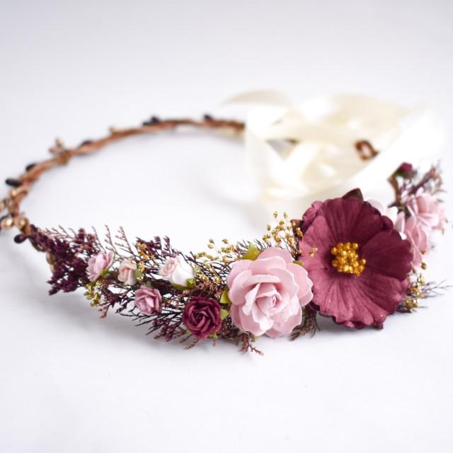Burgundy And Blush Flower Crown. Burgundy, Blush, And Dusty Rose Bridal