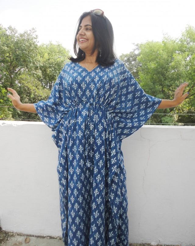 Summer Cotton Kaftan Blue Beach Cover Loungewear Indigo Block Print Resort Wear Indian 